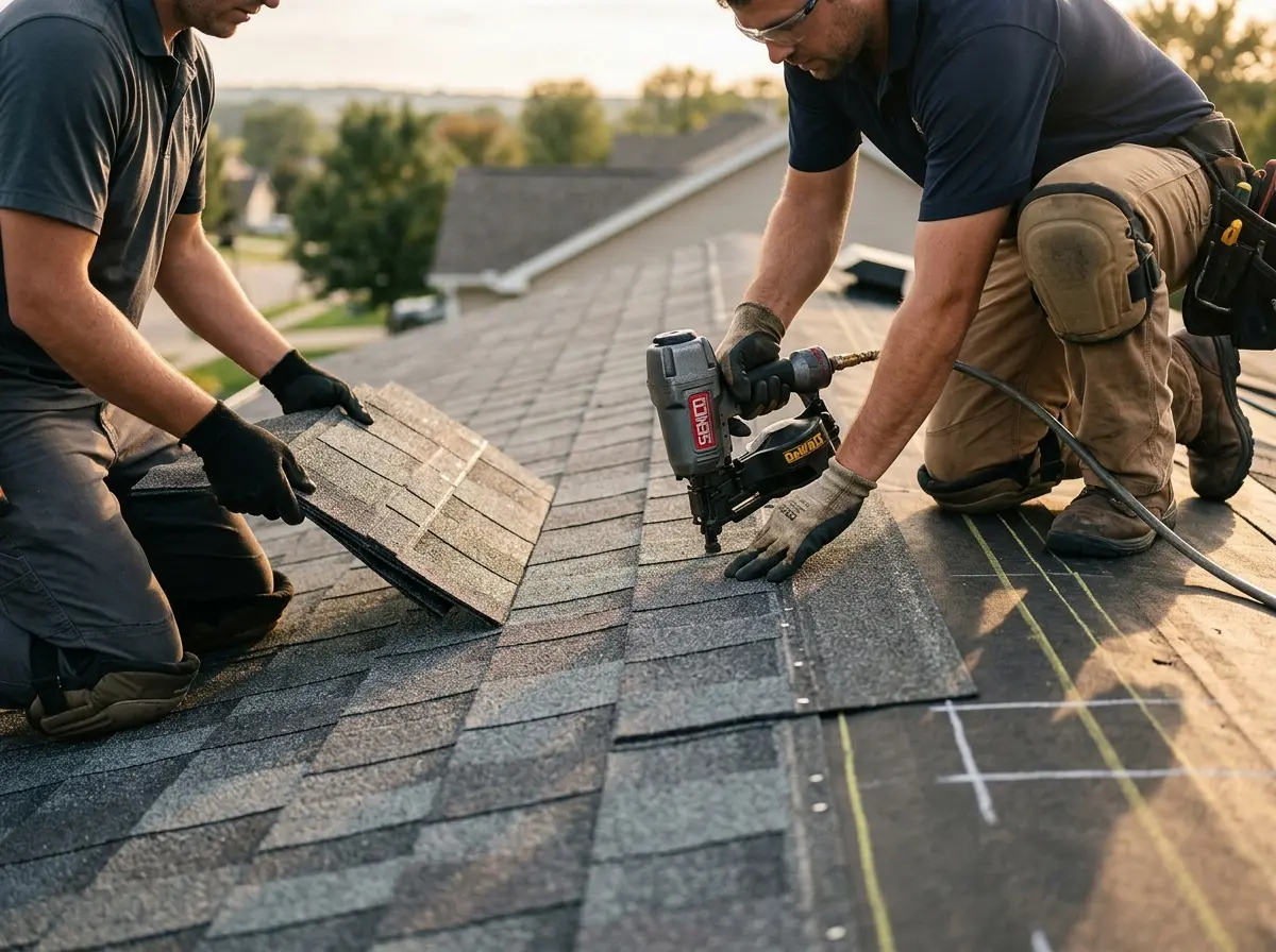 Professional roofer working on a residential roof in Hickory Creek